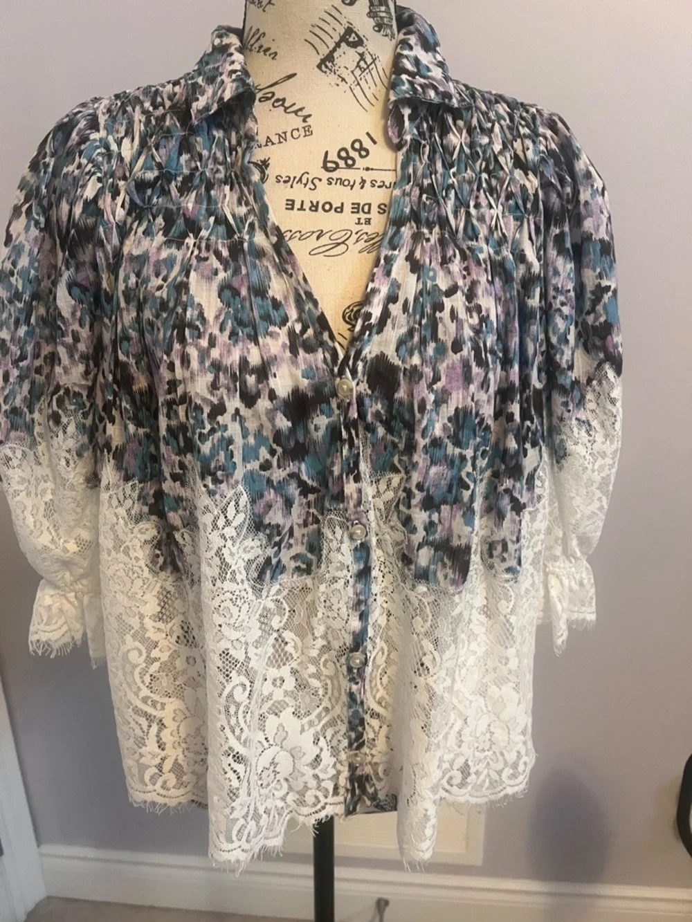 Anthropologie Ombre Floral Lace Button-Front Blouse — White, Blue, Purple - Picture 3 of 5